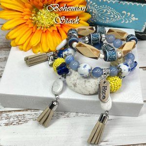 Bohemian Bracelet Stack Gemstone Crystal Handmade Blown Glass Bead Howlite New!